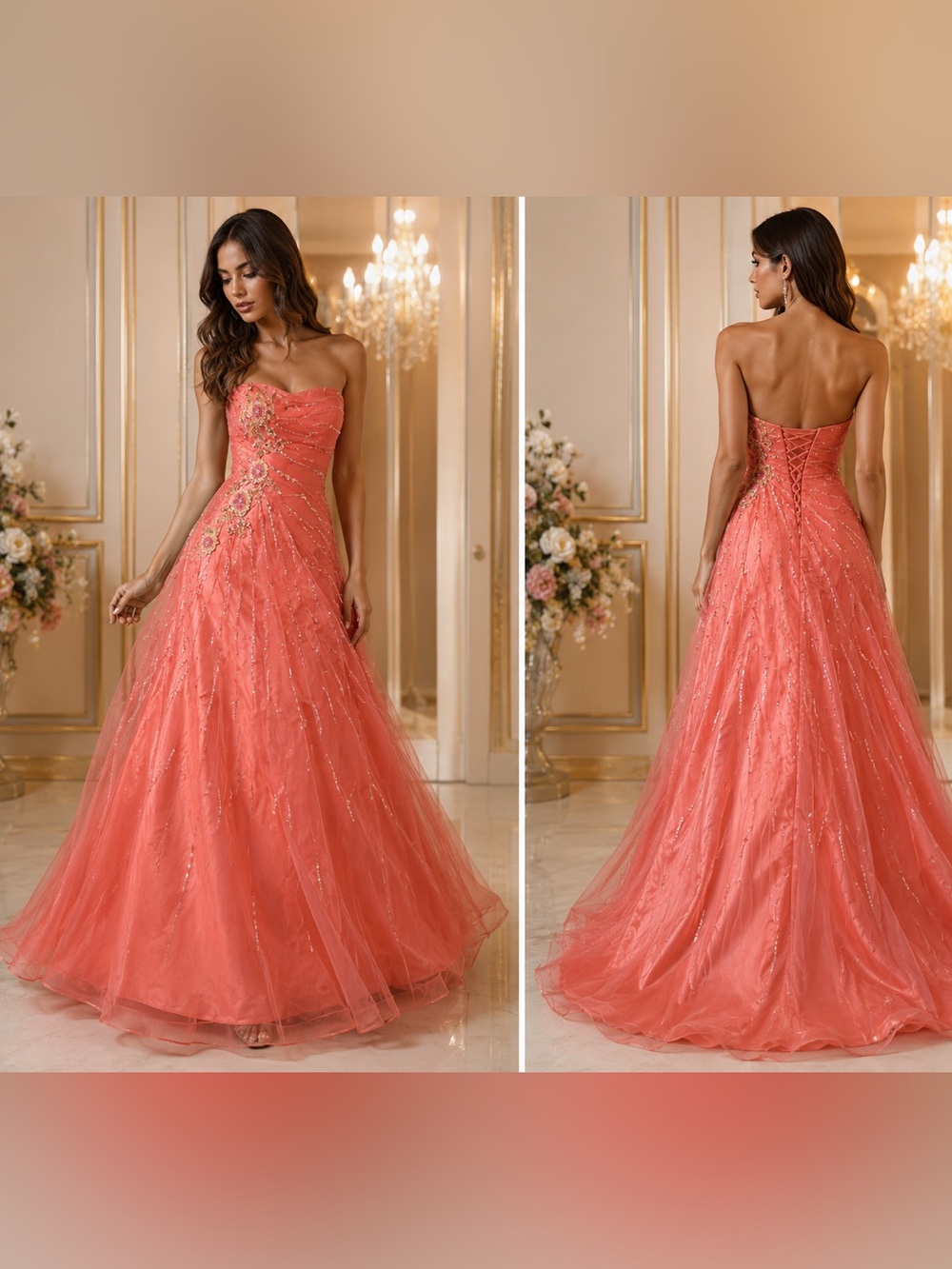 Y2K Coral Satin Prom Dress Strapless Beaded Ball Gown Formal Pageant Dress Cinde